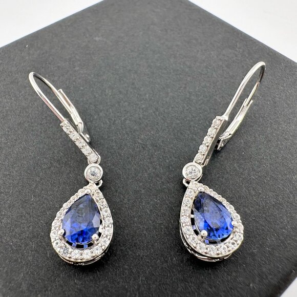 Blue and White Sapphire Tear Drop Earrings in Sterling Silver - Picture 1 of 12